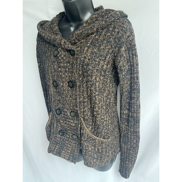 Effeci Y2K Brown Knit Sweater Double Breasted Cardigan Hooded M Retro Vintage - Picture 3 of 11